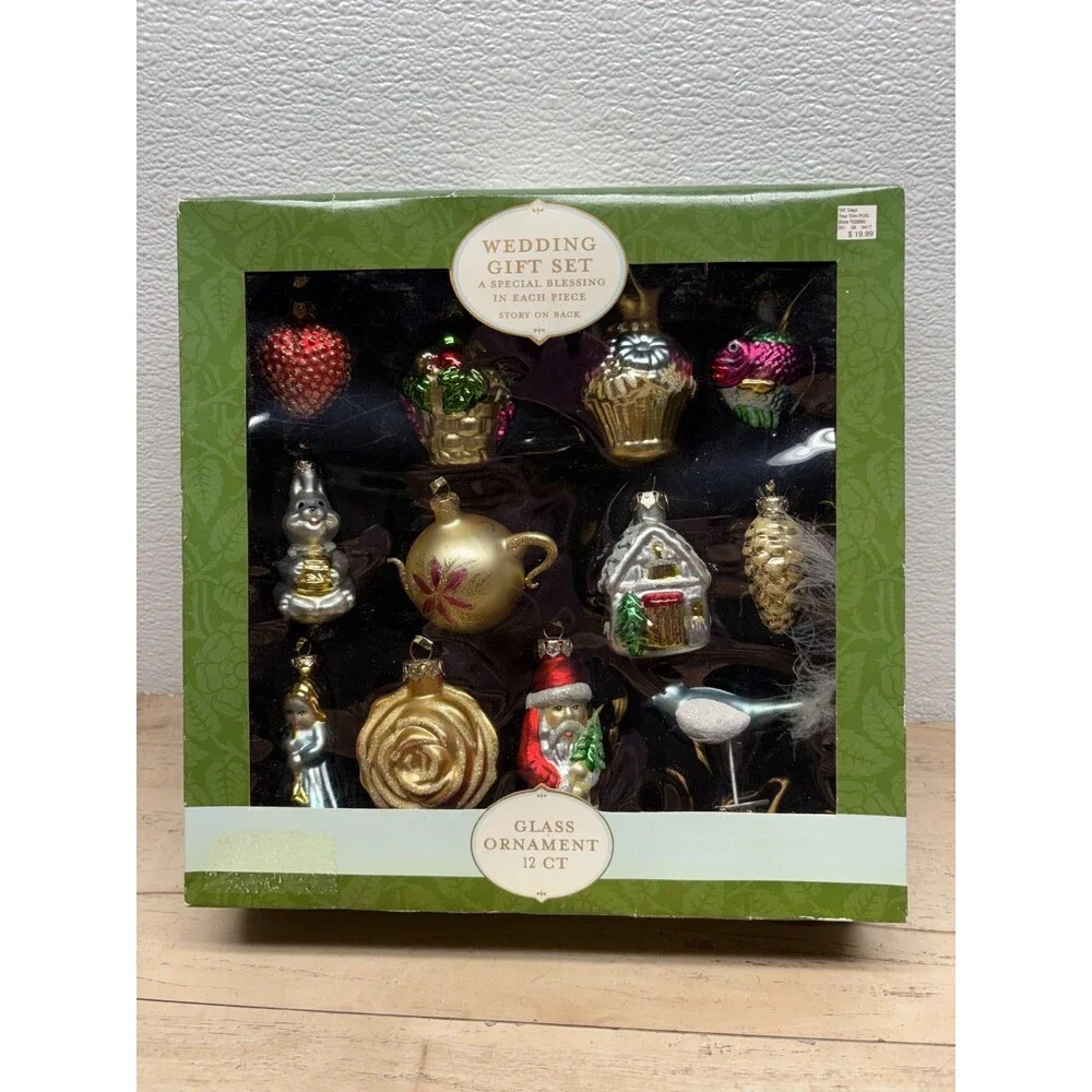 Vtg 2002 Wedding Gift Set Of 12 Blown Glass Christmas Tree Ornaments NIB